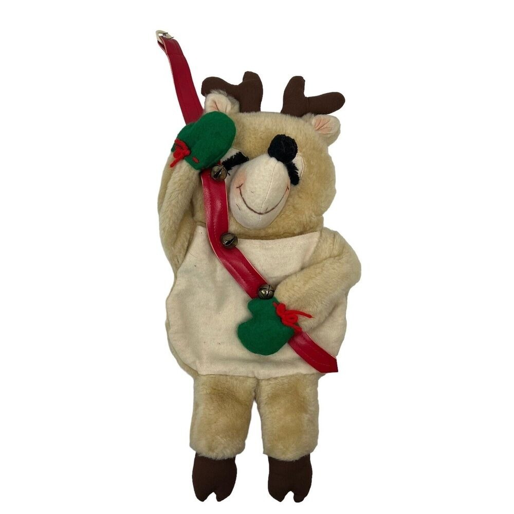 Vintage‎ Stocking Hallmark 1982 Stuffables Christmas Reindeer Plush Bells Beige